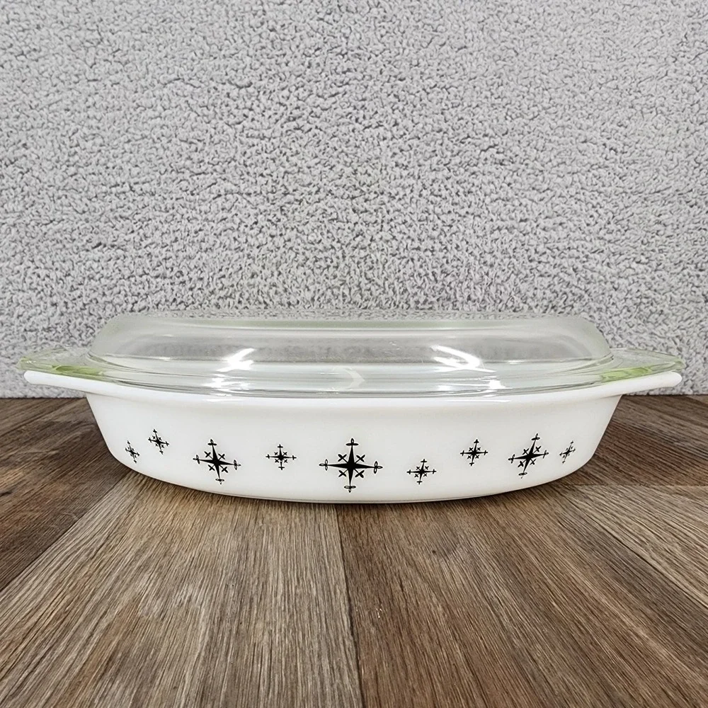 Vintage Pyrex Black Starburst Divided Casserole Dish 1.5 Qt with Lid 063 MCM